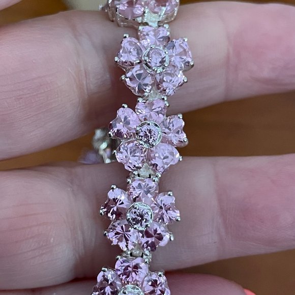Sterling Silver Pink Floral  Tennis Bracelet - Picture 7 of 8